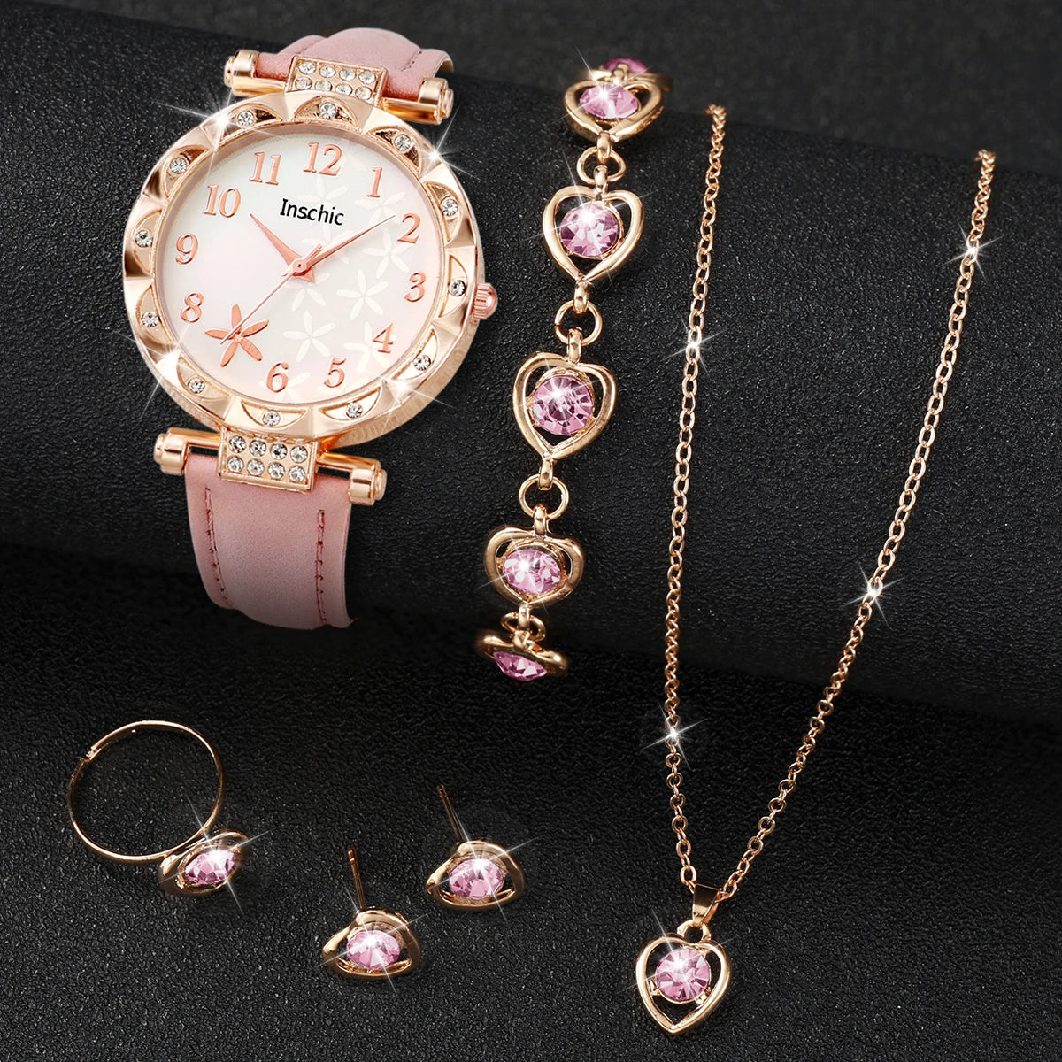6pcs/Set Women's Flower Quartz Skin Leather Watch Strap Jewelry Set