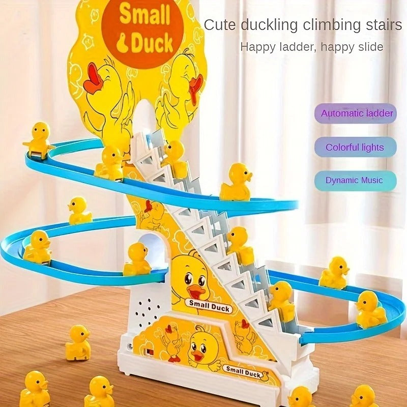 Electric Small Duck Climbing Stairs Toy | Fun Duck Racetrack Game Set with Flashing LED Lights and Interactive Features | 3-Piece Duck Set