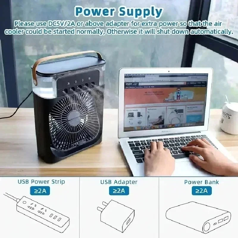 3-in-1 Portable Air Cooler Fan – Mini USB Humidifier, Desktop Air Conditioner with 7-Color Night Light for Home & Office