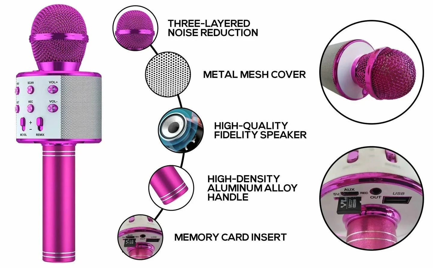 Rechargeable Bluetooth Microphone with Built-in Speaker & Voice Changer – Portable Wireless Mic for Kids & Adults, High-Quality Sound, USB/SD/AUX Supported, Durable Aluminum Alloy Build
