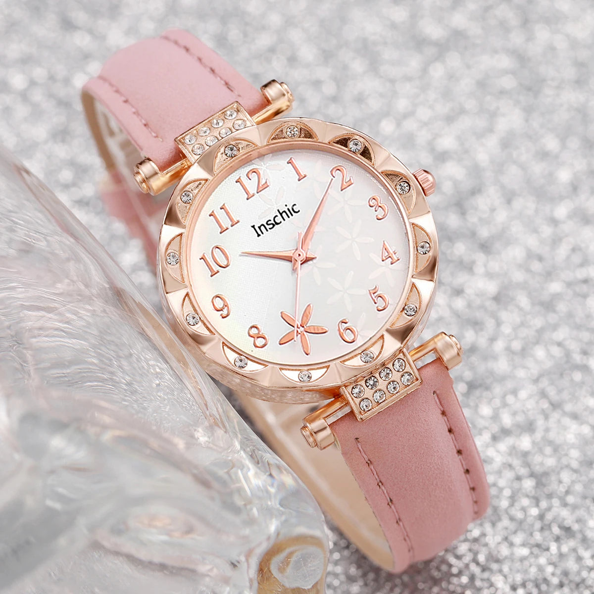 6pcs/Set Women's Flower Quartz Skin Leather Watch Strap Jewelry Set