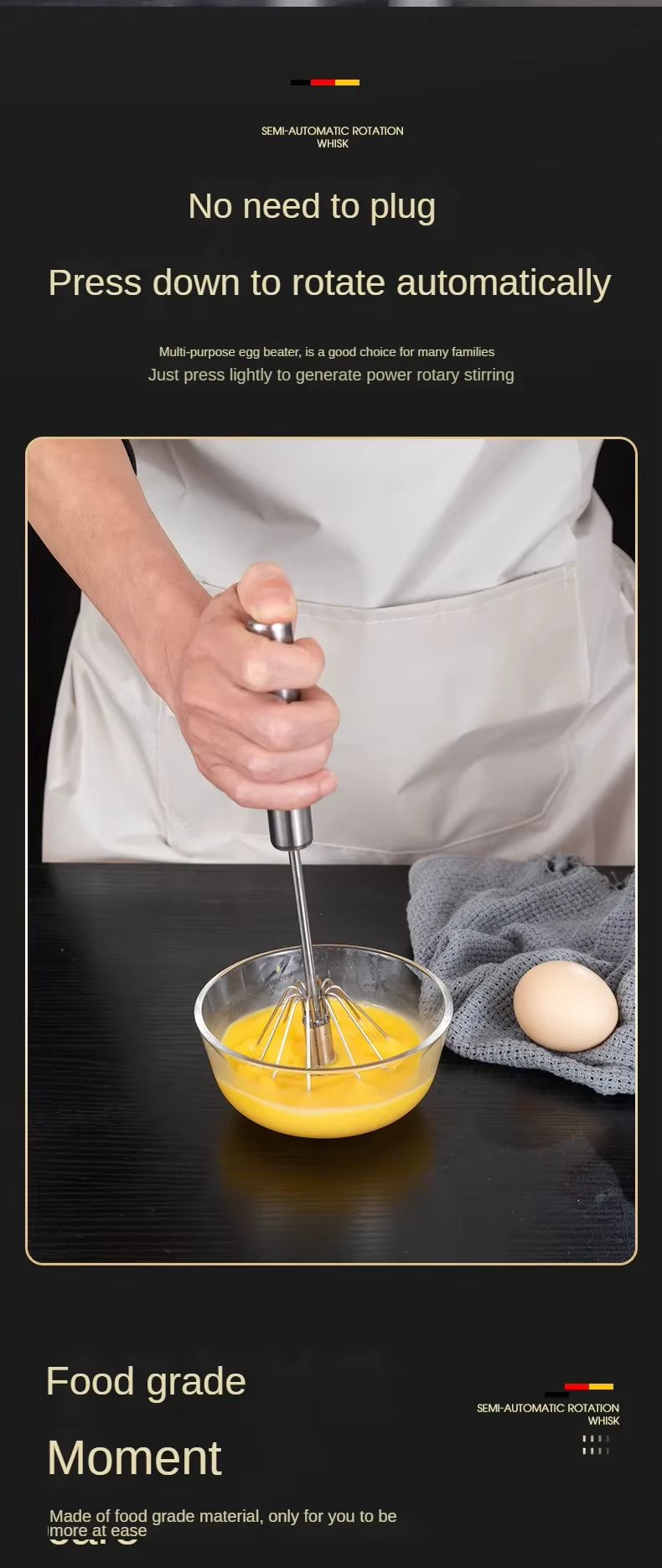 Semi-Automatic Egg Beater, Stainless Steel Hand Whisk, Self-Turning Manual Mixer for Baking & Cooking
