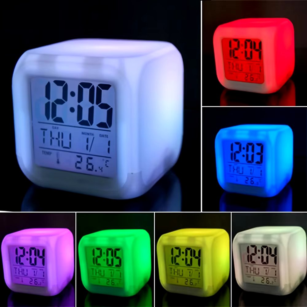 Lovely Color Changing LED Alarm Clock, Luminous Night Light with 7 Colors for Bedroom, Calendar, Temperature Display, Digital Clock with Large Display