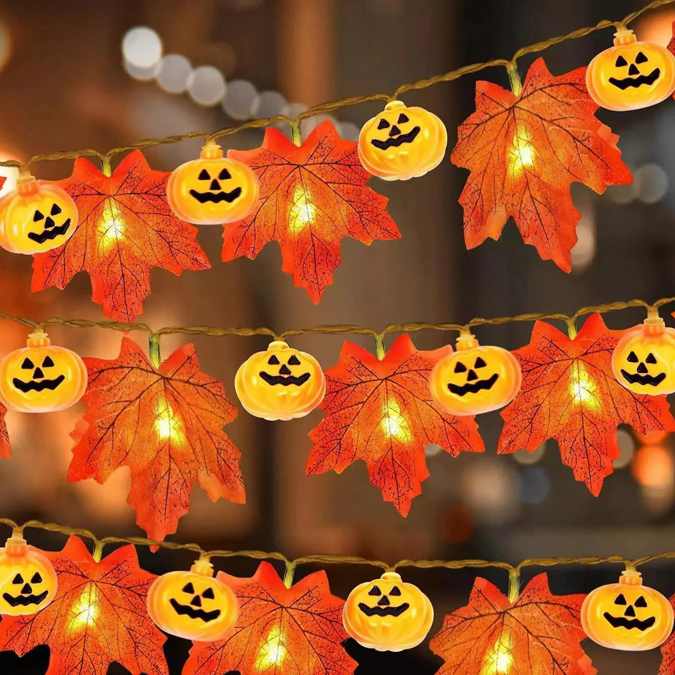 Autumn Artificial Fall Maple Leaves Pumpkin Garland Fairy Lights Halloween Thanksgiving Party Atmosphere Decoration Supplies