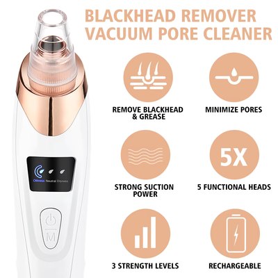 Electric Blackhead Remover Vacuum Cleaner – Pore Cleaner for Face & Nose, Rechargeable Acne Extractor with 3 Suction Levels & 5 Probes