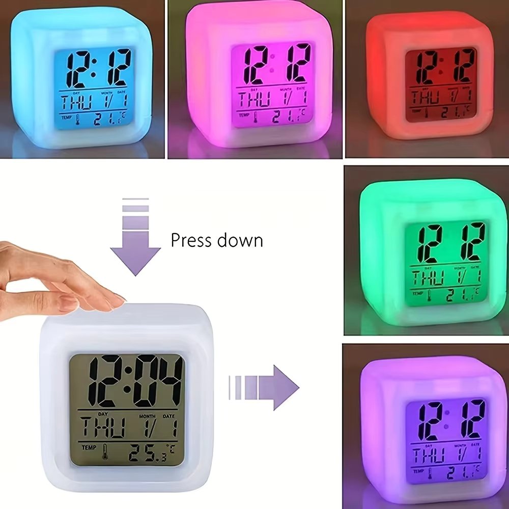Lovely Color Changing LED Alarm Clock, Luminous Night Light with 7 Colors for Bedroom, Calendar, Temperature Display, Digital Clock with Large Display
