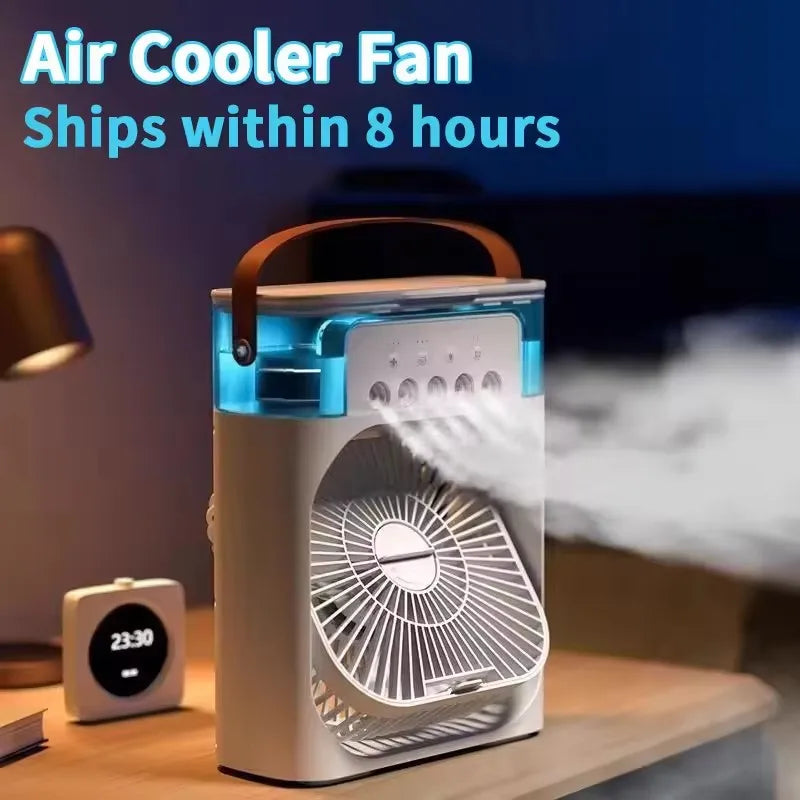 3-in-1 Portable Air Cooler Fan – Mini USB Humidifier, Desktop Air Conditioner with 7-Color Night Light for Home & Office