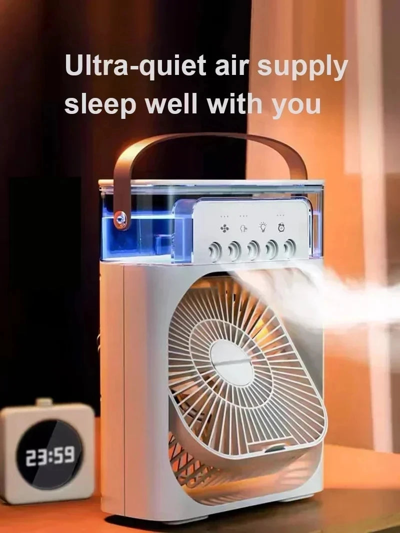 3-in-1 Portable Air Cooler Fan – Mini USB Humidifier, Desktop Air Conditioner with 7-Color Night Light for Home & Office
