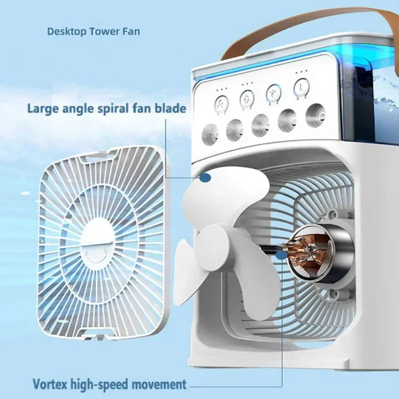 3-in-1 Portable Air Cooler Fan – Mini USB Humidifier, Desktop Air Conditioner with 7-Color Night Light for Home & Office