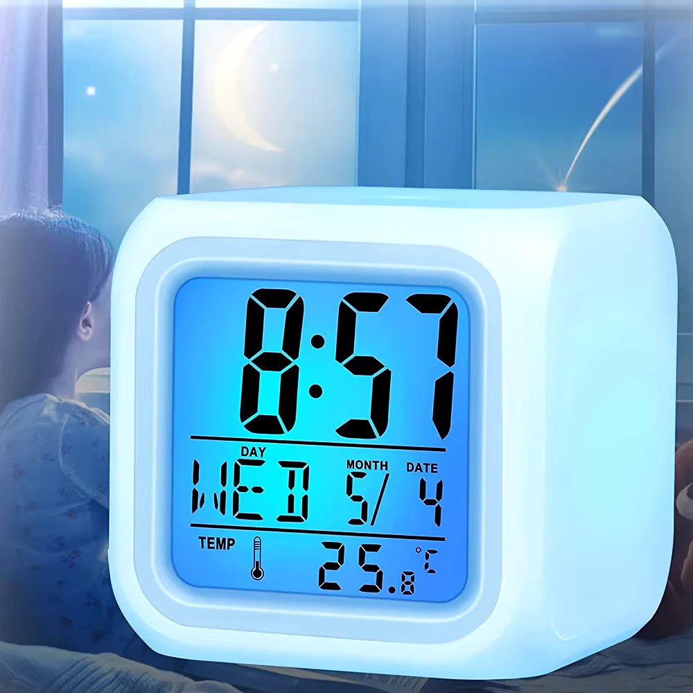 Lovely Color Changing LED Alarm Clock, Luminous Night Light with 7 Colors for Bedroom, Calendar, Temperature Display, Digital Clock with Large Display