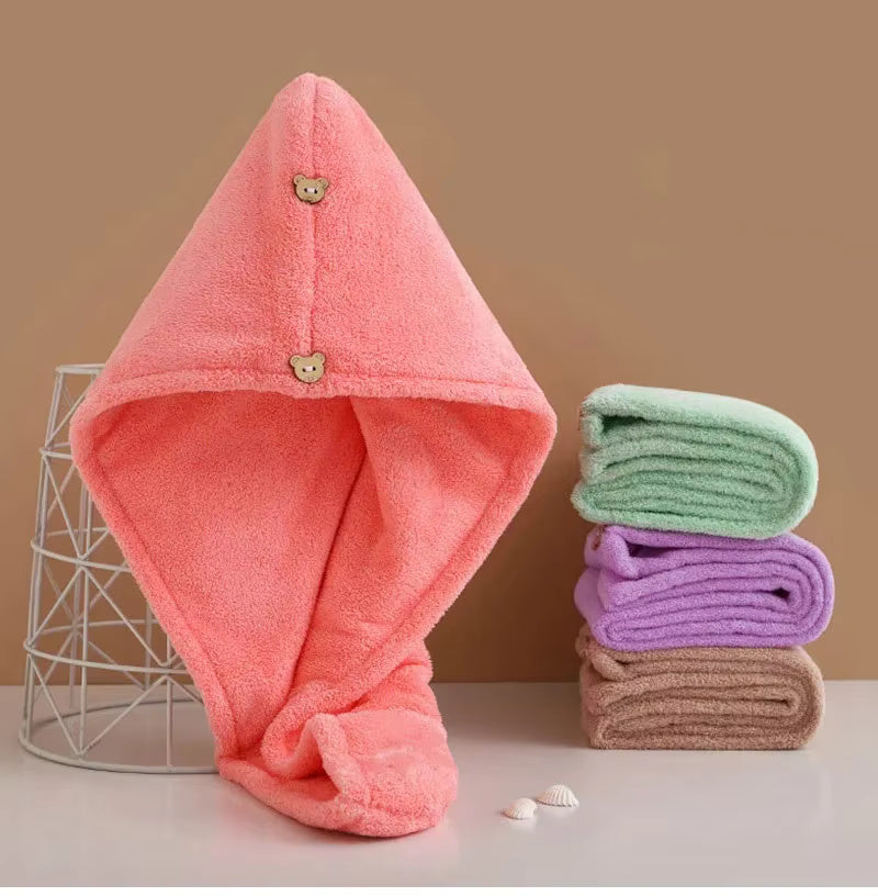 Microfiber Hair Drying Towel Wrap – Quick Dry Super Absorbent Bath Hat for Women & Girls – Soft, Lightweight & Secure Fit with Button