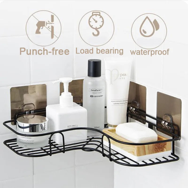 Bathroom & Kitchen Corner Shelf – Wrought Iron Wall Mount Storage Rack with Suction Cup – Punch-Free Shower Shampoo Holder – Best Price in Pakistan