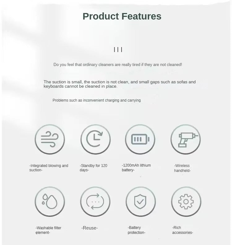 3 in 1 Wireless Car Vacuum Cleaner – USB Charging, 1200mAh, 9000Pa Suction Power, Mini Handheld Wet & Dry Cleaner for Vehicle & Home