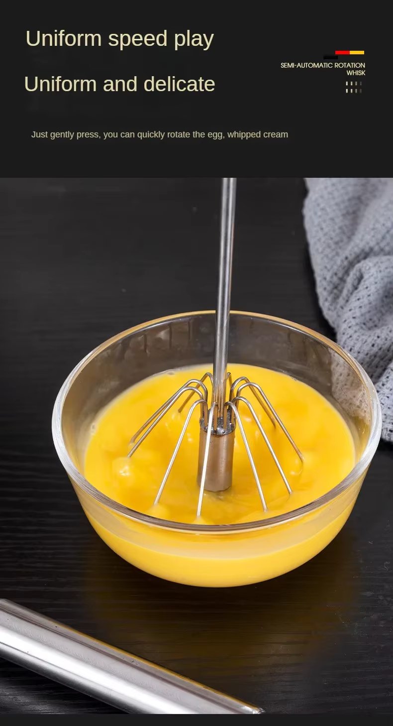 Semi-Automatic Egg Beater, Stainless Steel Hand Whisk, Self-Turning Manual Mixer for Baking & Cooking