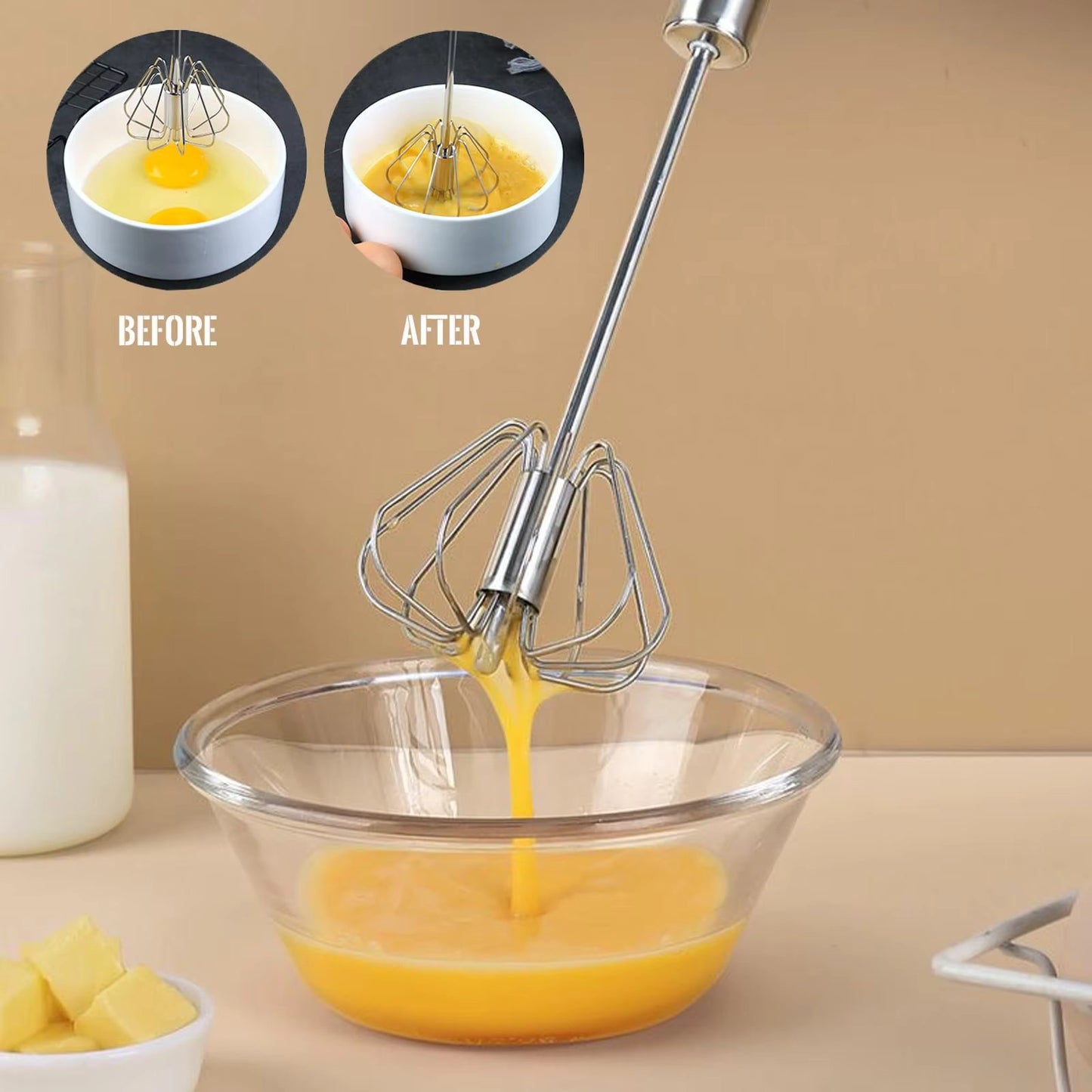 Semi-Automatic Egg Beater, Stainless Steel Hand Whisk, Self-Turning Manual Mixer for Baking & Cooking