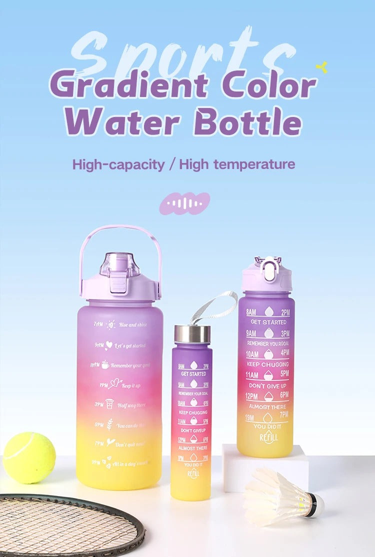 Leakproof Motivational Water Bottle Set with Time Markers and Straw, Large Capacity 2L, 800ml, 300ml, Sports Bottle, BPA-Free