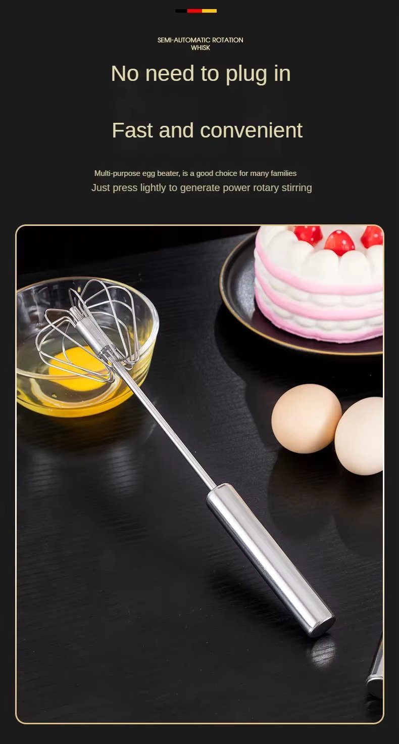Semi-Automatic Egg Beater, Stainless Steel Hand Whisk, Self-Turning Manual Mixer for Baking & Cooking