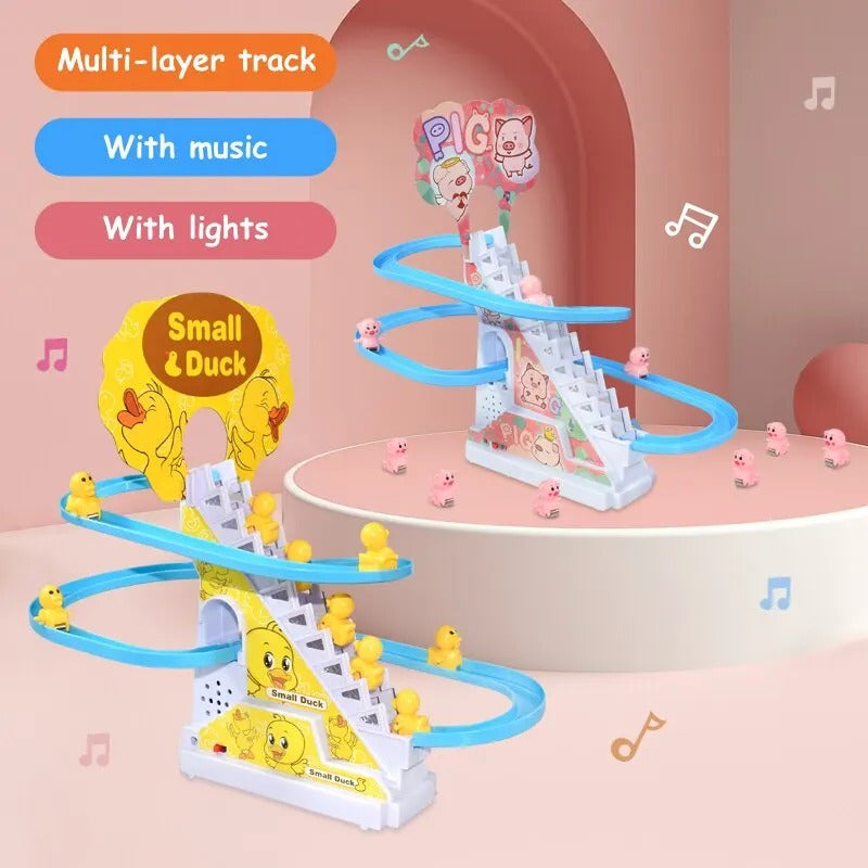 Electric Small Duck Climbing Stairs Toy | Fun Duck Racetrack Game Set with Flashing LED Lights and Interactive Features | 3-Piece Duck Set