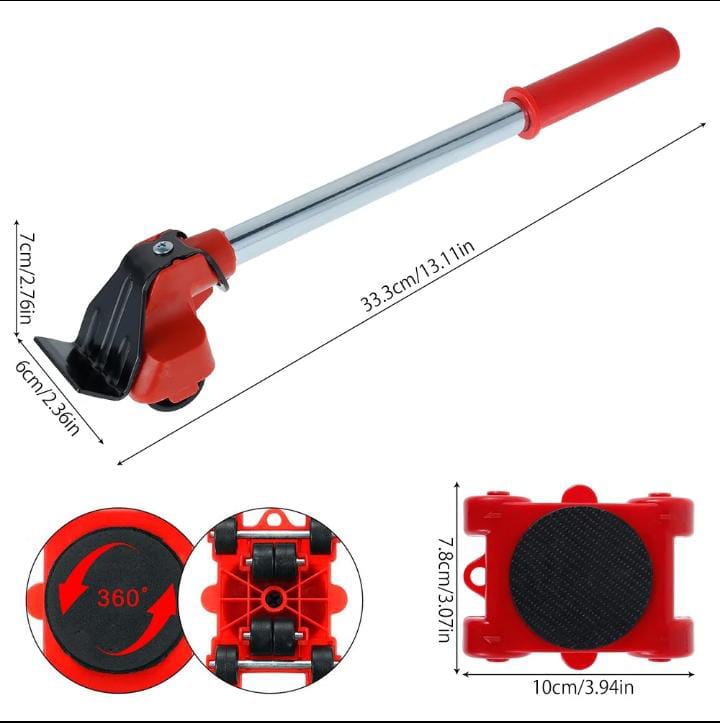 Furniture Moving Tool Heavy Object Mover – 4-Wheeled Furniture Transport Lifter & Slides with 360° Rotating Wheel Bar – Durable ABS & Steel, Ergonomic Hand Tools Set